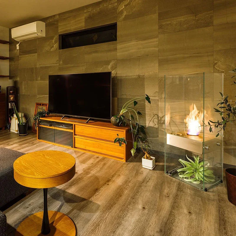 Foyer en verre près d’un séjour contemporain