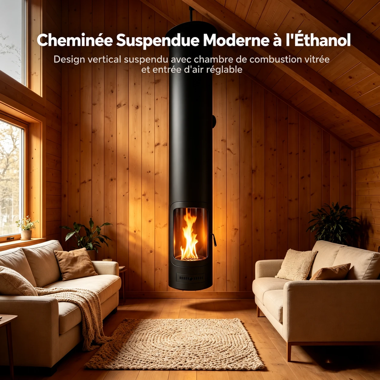 Cheminée suspendue au bioéthanol dans un chalet chaleureux