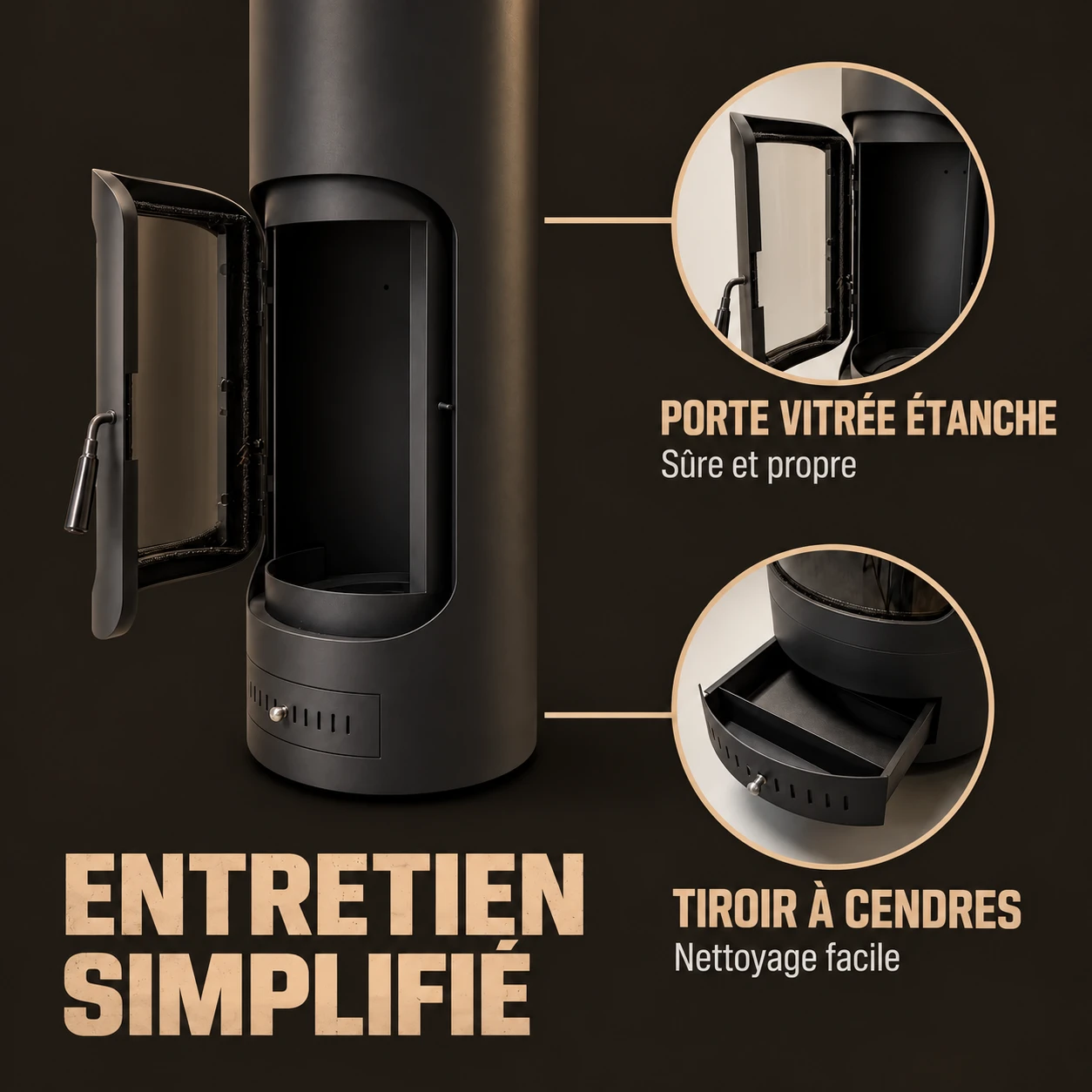 Porte vitrée étanche et tiroir à cendres pour un entretien simplifié