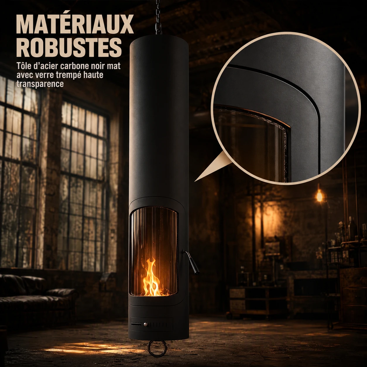 Corps cylindrique noir mat et matériaux robustes