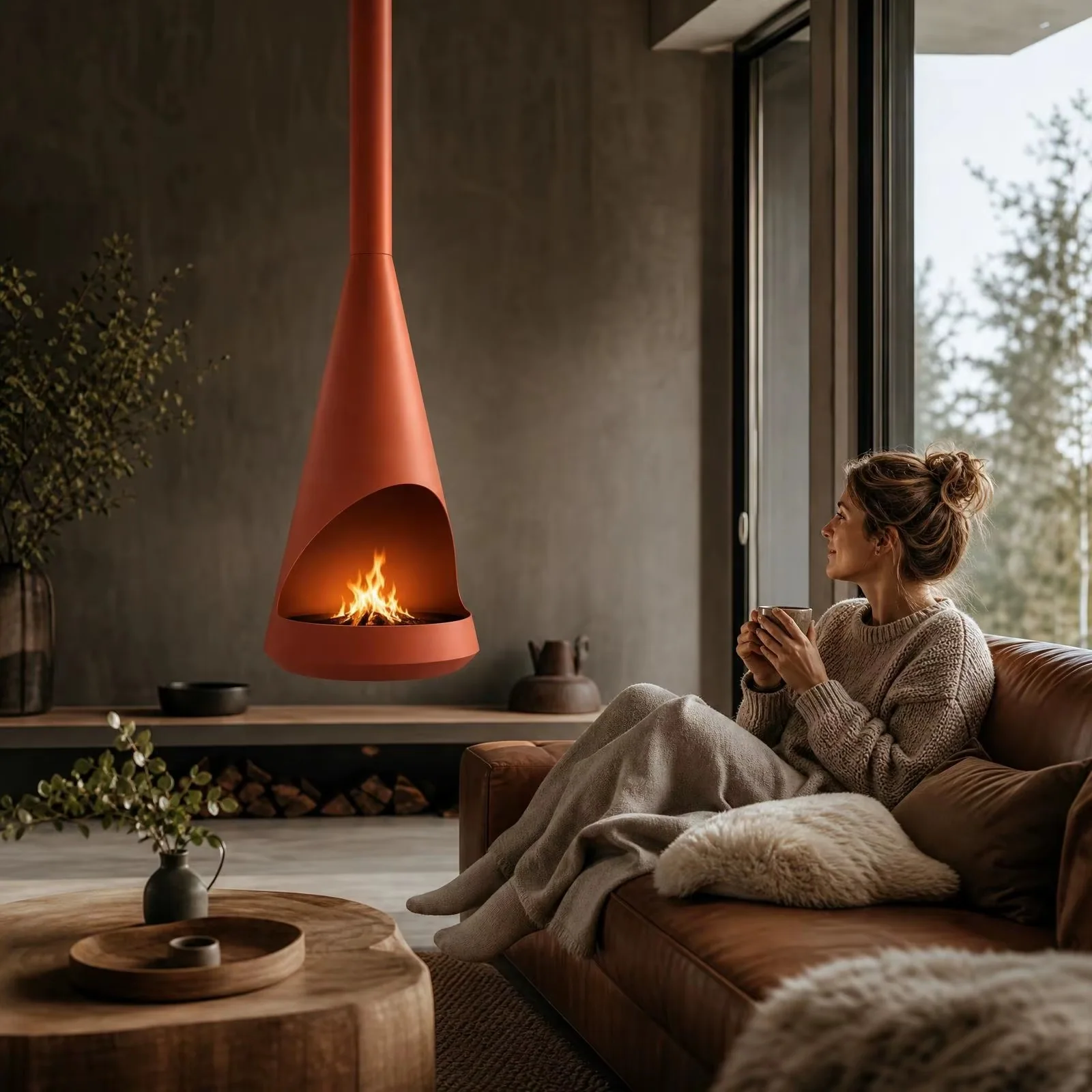 Foyer suspendu terracotta dans un intérieur élégant