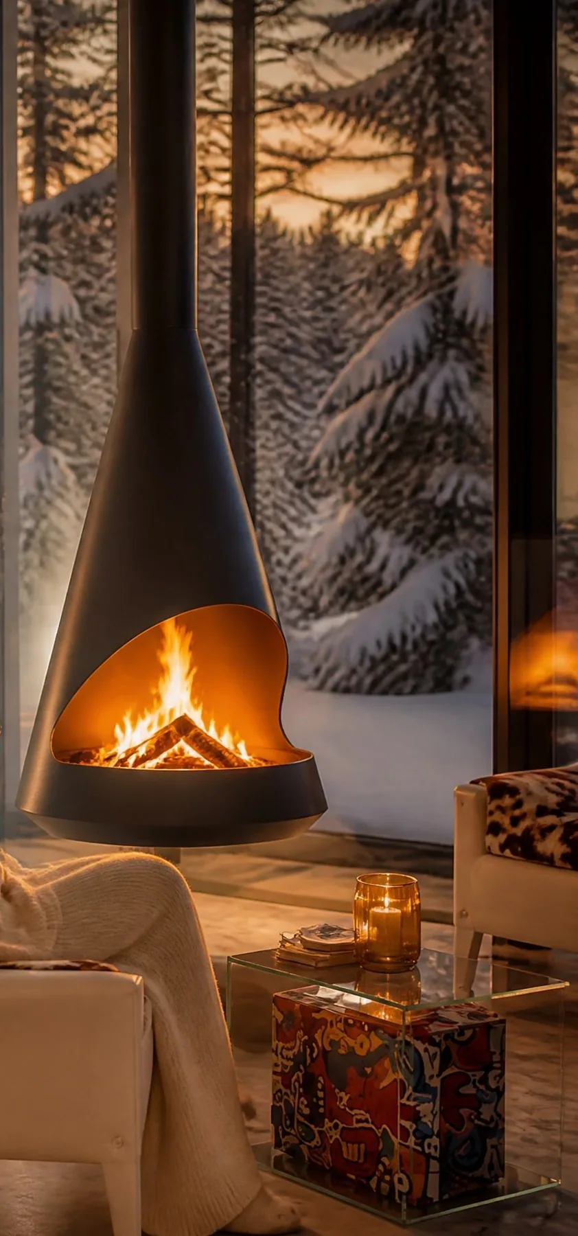 Cheminée suspendue à bois dans une ambiance hivernale