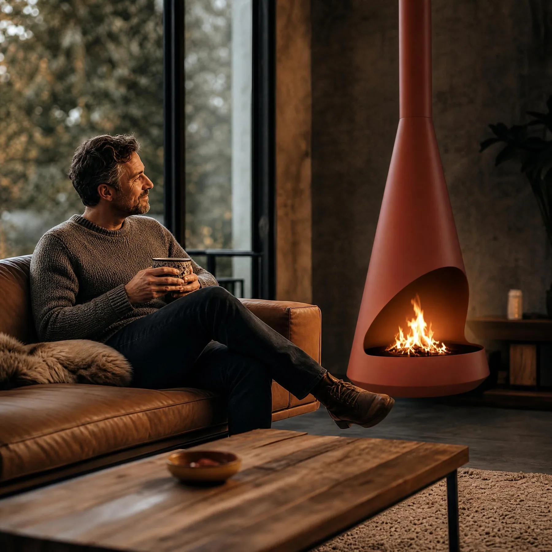 Cheminée terracotta au bois dans un salon chaleureux